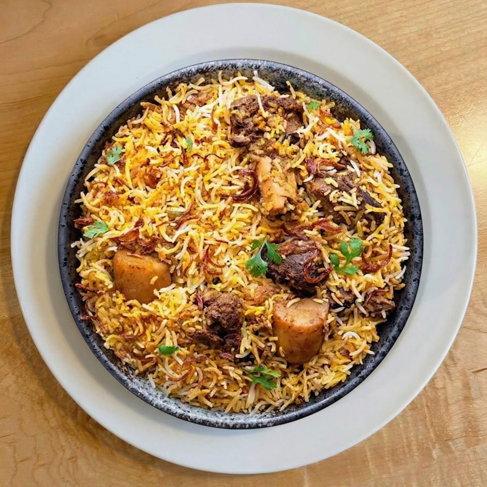 A close-up, overhead view of a bowl of biryani with rice, meat, potatoes, and cilantro.