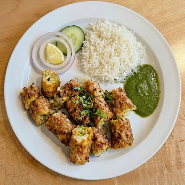 Chicken seekh kebab with rice, green chutney, onion rings, cucumber, and a lemon wedge.