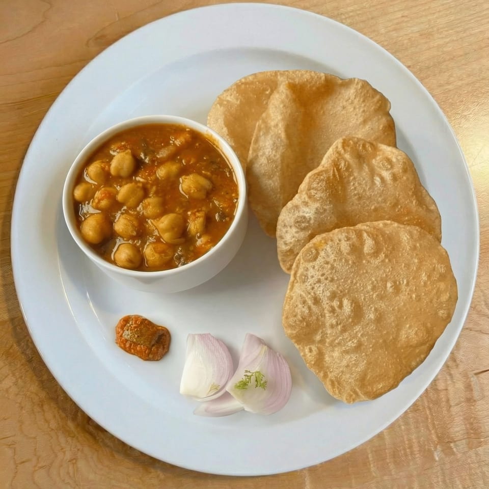 A white plate holds a bowl of chana masala, three fluffy puris, sliced red onion, and a pickle.
